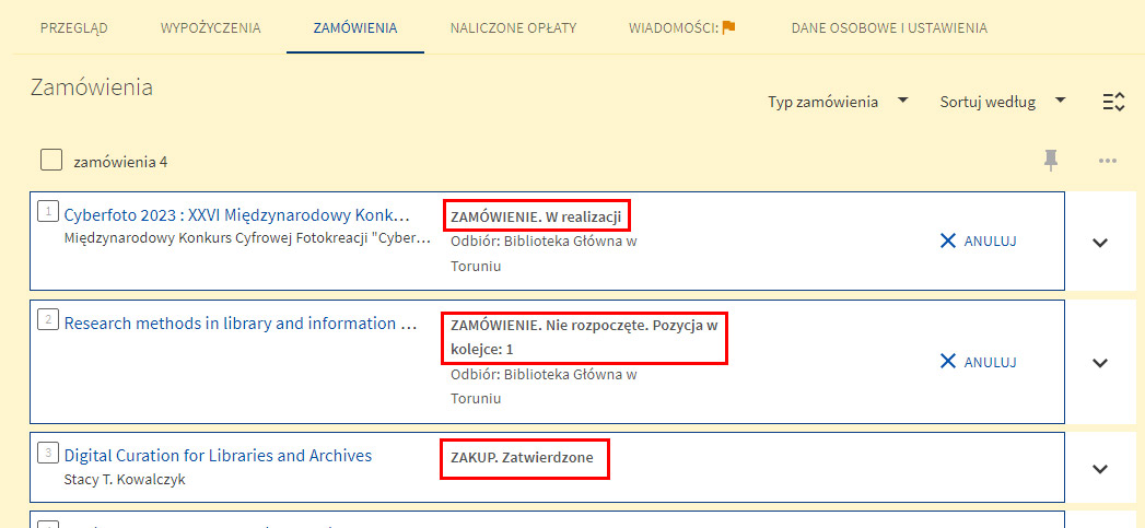 Pomoc - katalog zasobów - karta biblioteczna - zamówienia