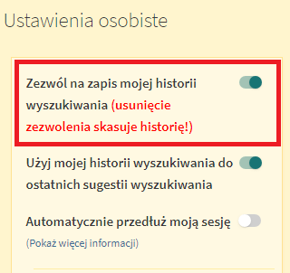 Ustawienia osobiste - historia wyszukiwania