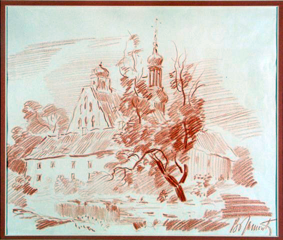 KOŚCIÓŁ NA PODGÓRZU W TORUNIU, ok. 1950 rysunek sangwiną, 22 x 26; sygn. p.d.: Br. Jamontt G.31635