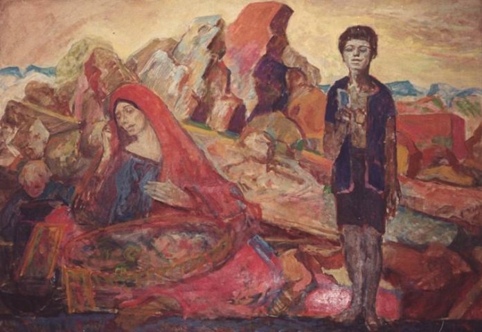 Marian Kratochwil (1906-1997), Hiszpanka z niewidomym synem, b.r., olej na płótnie, 106 x 152 cm